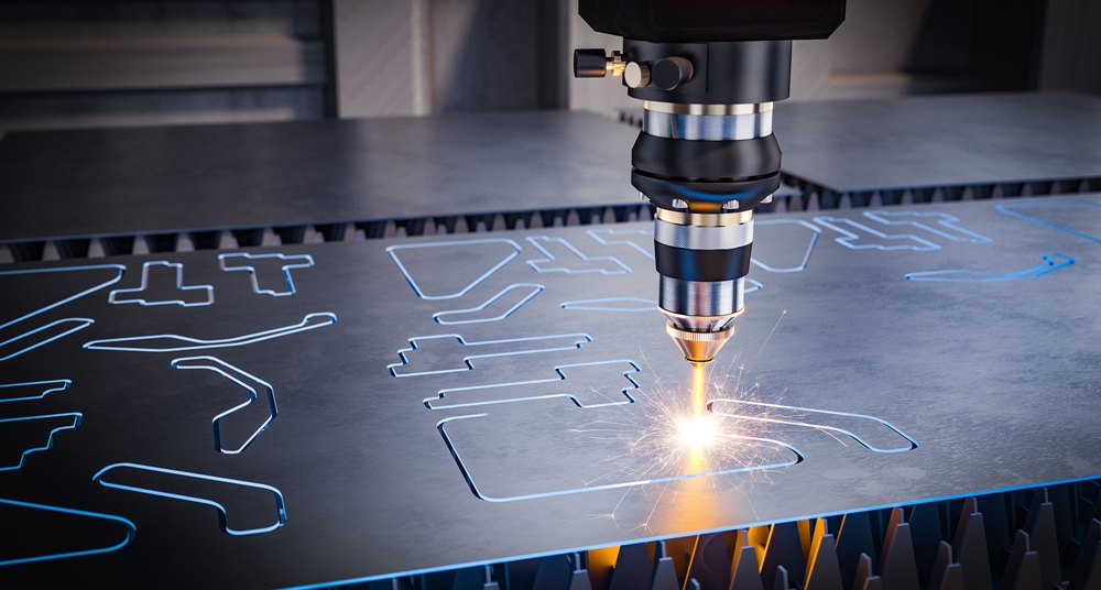 cnc laser machinery for metal cutting. cnc laser machinery for metal cutting. 3d image render. Concept of automation in heavy industry.